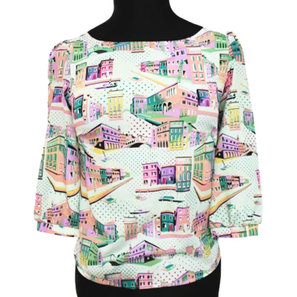 Pink Owl Vibrant Colorful City Scene 3/4 Sleeve Top Small